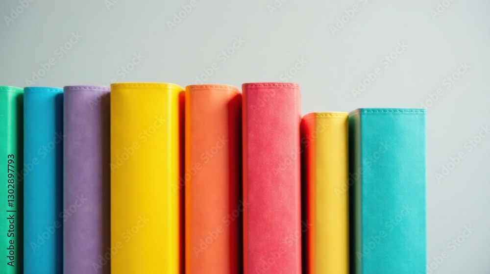 A vibrant spectrum of colorful books arranged in a captivating row against a neutral background A vibrant spectrum of colorful books arranged in a captivating row against a neutral background