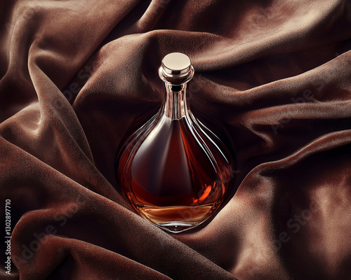 A close-up shot of a luxury amber bottle on rich brown fabric, symbolizing sophistication and elegance, perfect for high-end beverages, packaging, or branding concepts. photo