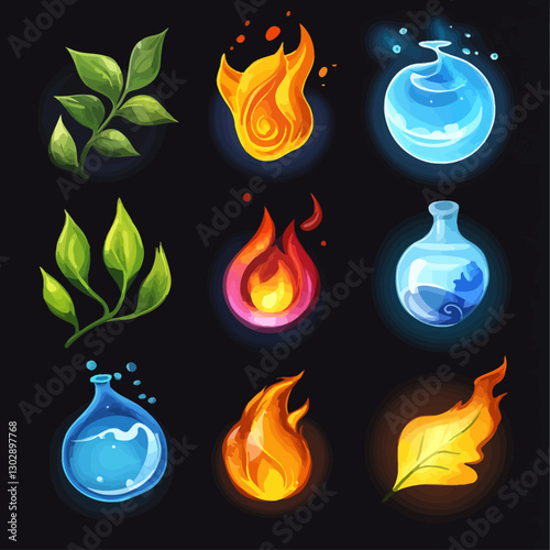 Elemental Set: Fire, Water, Earth, Cartoon Illustrations on Black Background