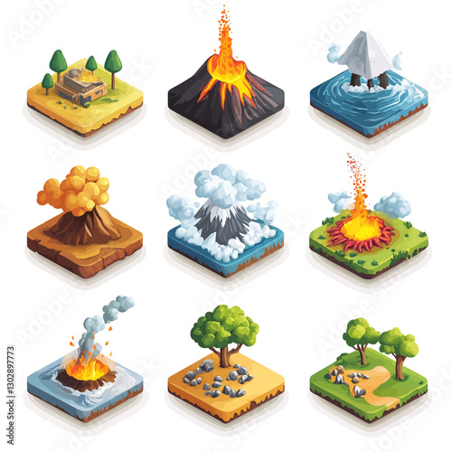 Isometric Game Assets: Volcanoes, Natural Disasters, and Land Elements