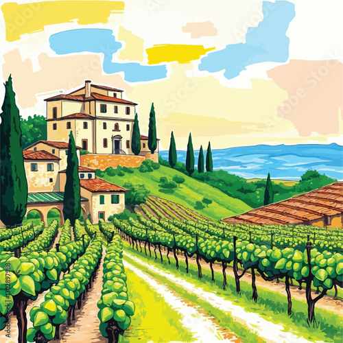 Italian landscape set, vector hand drawn doodle Tuscany nature view, old winery countryside print. Vintage European architecture graphic, cypress hill travel label. Italian landscape sketch collection