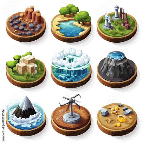 Earth elements: diverse landscapes with landforms, water, nature, industry