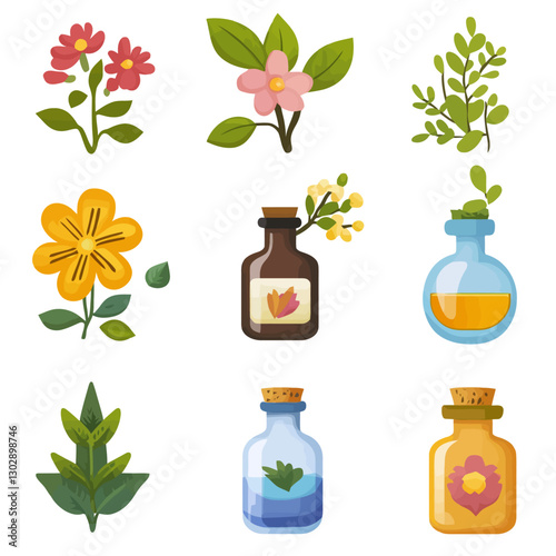 Herbal Remedy Cartoon Set of Essential Oil Bottles and Flower Illustrations