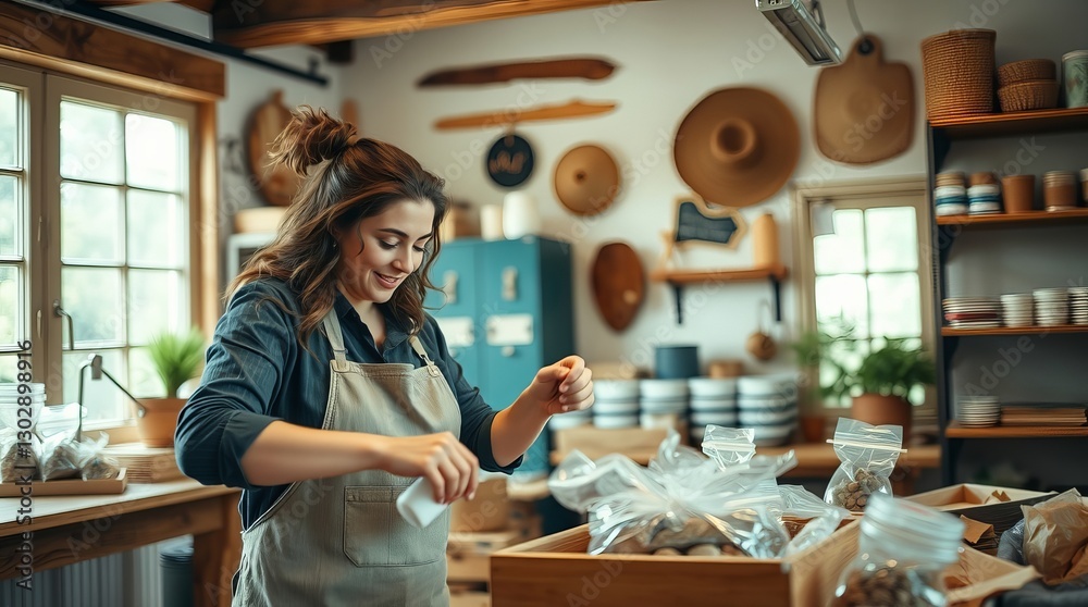 A young woman joyfully organizes ingredients in a cozy, rustic kitchen filled with natural light. A young woman joyfully organizes ingredients in a cozy, rustic kitchen filled with natural light.