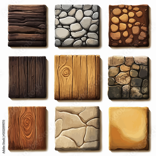 Cartoon wood and stone tile set for game background design elements.