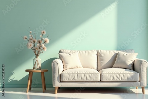 Serene living room interior design with minimalist off-white sofa and delicate dried flower arrangement on a light wooden side table against a pale mint green wall, bathed in sunlight.