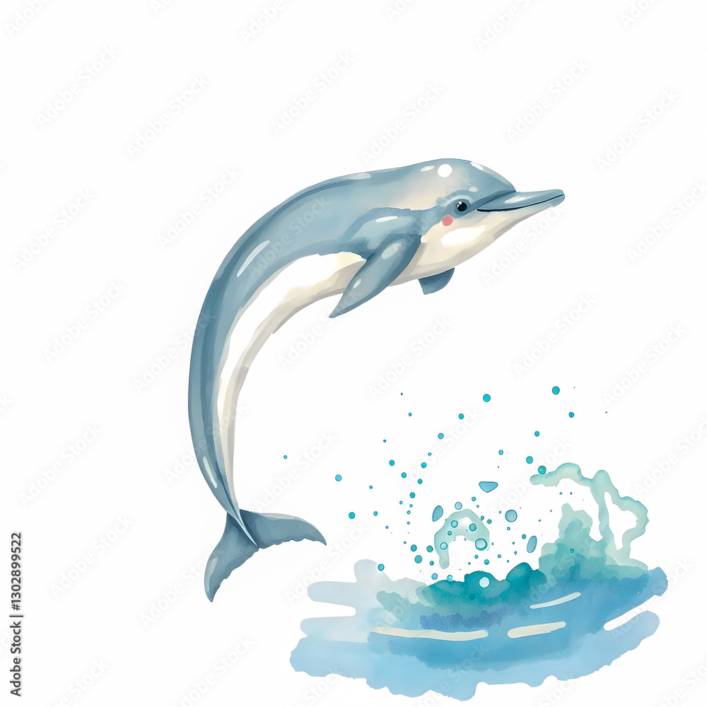 Obraz premium watercolor illustration of a dolphin jumping out of the sea on a white background