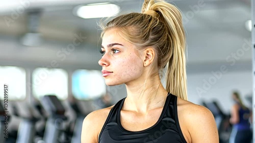 Young woman in gym attire focused on workout, fitness equipment in background