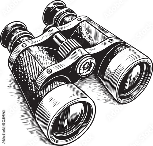 Binocular, Bird Watching Explorer Black and White Vector Illustration, Sketch Drawing Line Linear Engraving, Hand-drawn Isolated