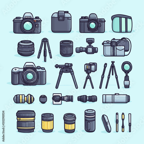Photographic Equipment Vector Set: Cameras, Lenses, Tripods, and Accessories