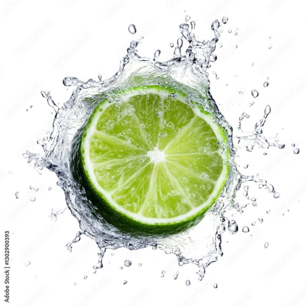 lime and water splash isolated on transparent white background, clipping path lime and water splash isolated on transparent white background, clipping path