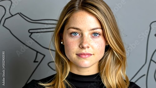Young woman portrait, studio shot, neutral background, artistic wall decor, professional headshot