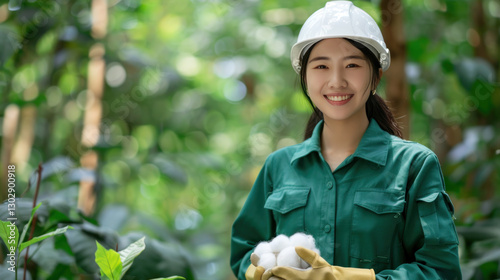 female engineer hold cotton, textile production concept