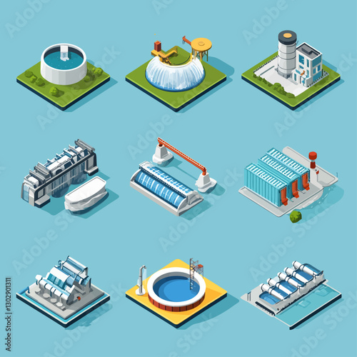 Isometric View of Diverse Water Treatment and Purification Facilities
