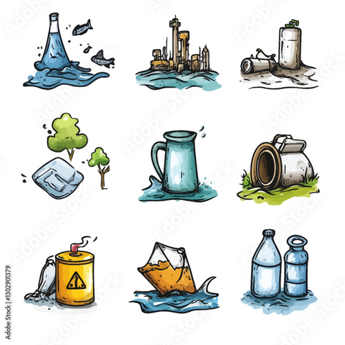 Pollution icons showing water contamination with building and trash concept