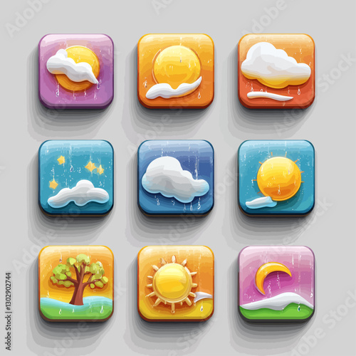 Weather App Icons Set: Sun, Clouds, Rain, Tree, Moon, UI, UX Design