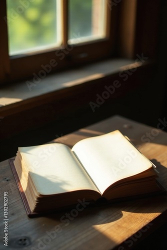 Wallpaper Mural Open Book on Wooden Table in Sunlit Room Near Window Torontodigital.ca