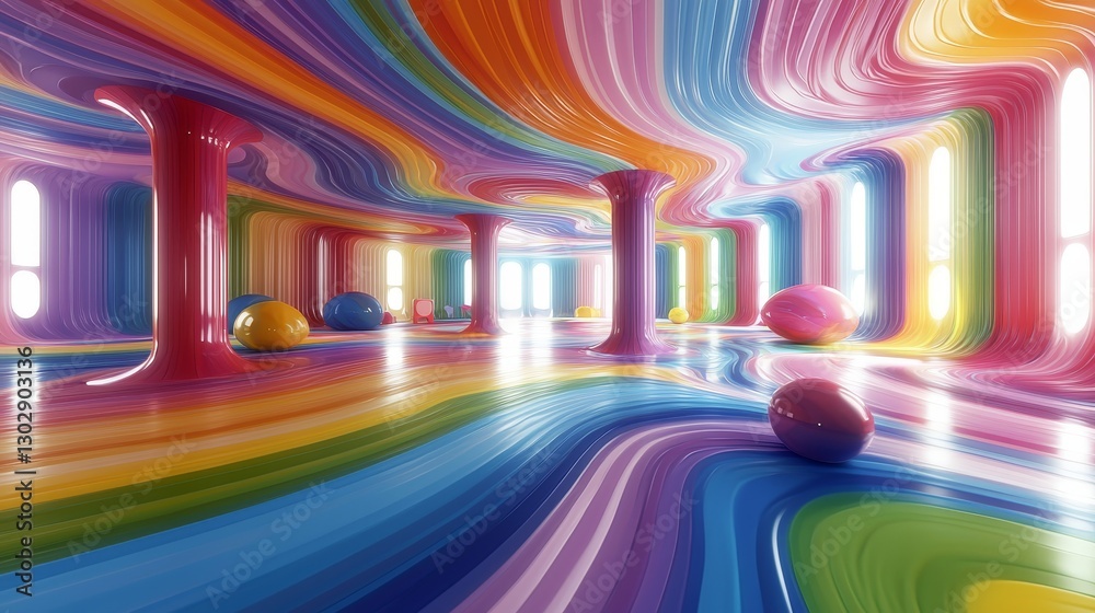 Obraz premium Psychedelic-themed baby playroom, swirling kaleidoscope patterns on walls and floor, toys in vibrant rainbow colors, surreal floating shapes, abstract digital painting