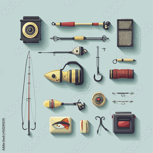 Fishing tackle arrangement featuring rods, lures, and gear on light blue