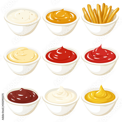 Assorted condiment sauces in white bowls, vector illustration collection