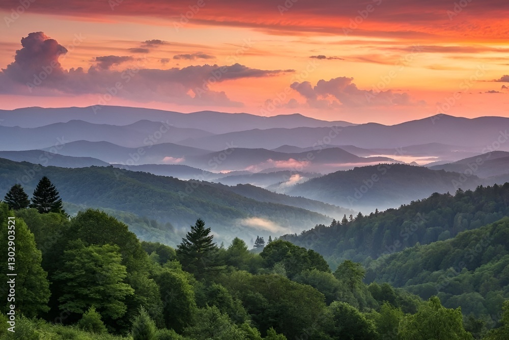 Obraz premium Breathtaking Sunset Over Misty Mountains and Lush Green Forests