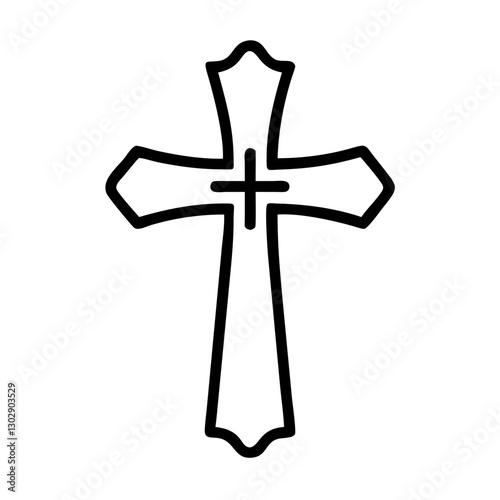 Cross symbol icon, simple, black outline, representation of faith and spirituality