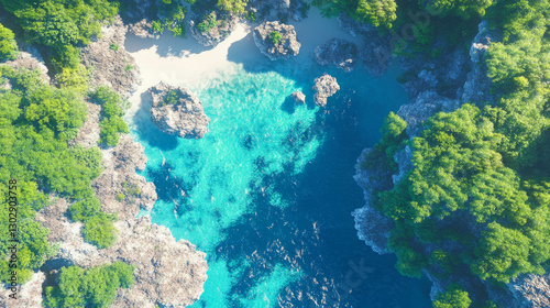 Aerial view of a secluded tropical island with vibrant blue waters and lush greenery
