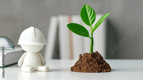 A cute construction figure beside a small plant growing in soil on a desk
