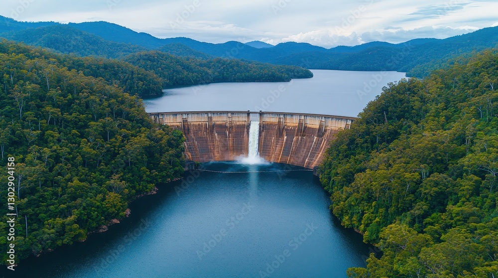 A stunning aerial view of a dam releasing water into a serene lake, surrounded by lush greenery and mountains under a cloudy sky. A stunning aerial view of a dam releasing water into a serene lake, surrounded by lush greenery and mountains under a cloudy sky.