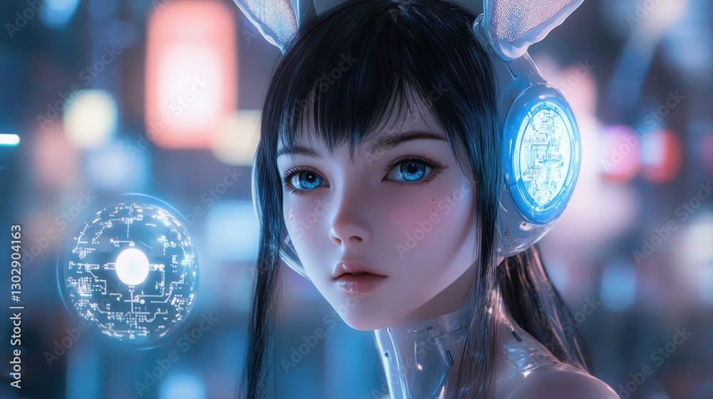 Naklejka premium Cyberpunk Anime Girl with Bunny Ears and Futuristic Headphones