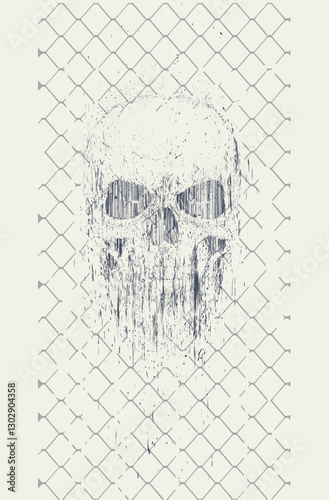 Skull explosion vector on chain link mesh background