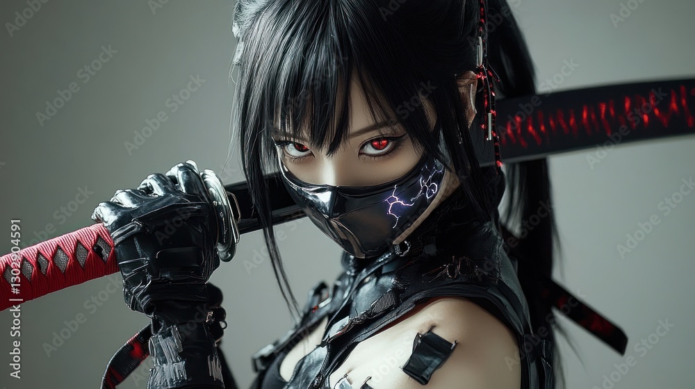Naklejka premium Cyberpunk Female Warrior Cosplay: A Stunning Portrait of a Futuristic Ninja with Katana