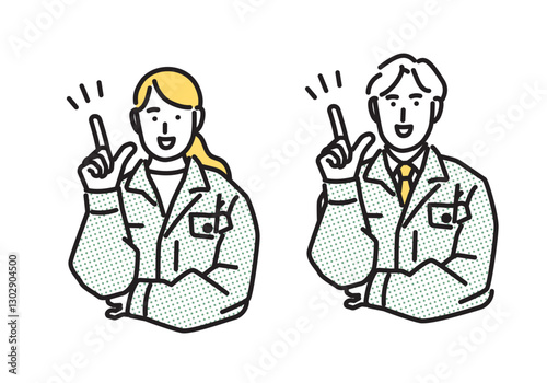 シンプル　イラスト　よいアイディアを思いついた作業服の男女
