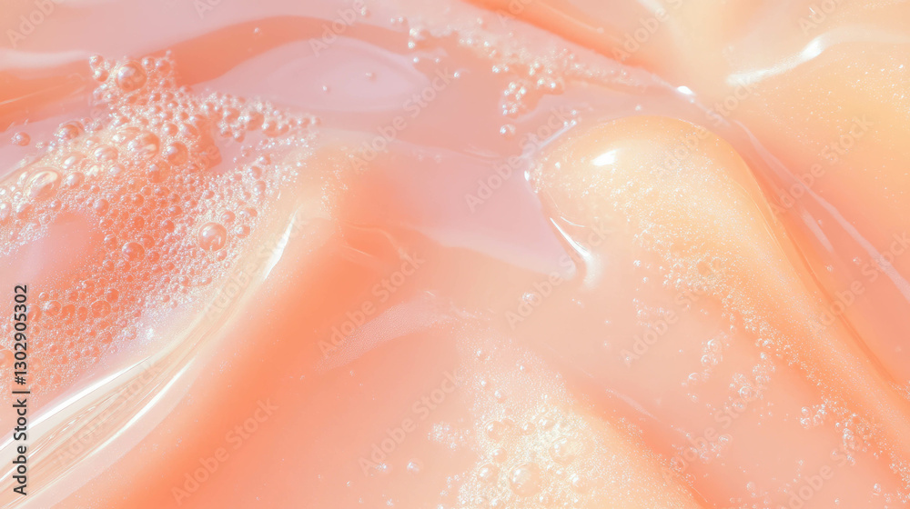 Fototapeta premium Close-up of light peach oil texture with bubbles for skincare design