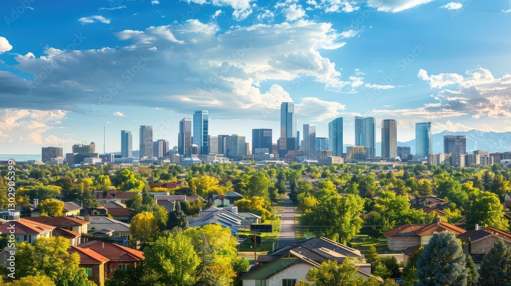 Obraz premium Vibrant City Skyline Overlooking Lush Greenery Under a Colorful Sky