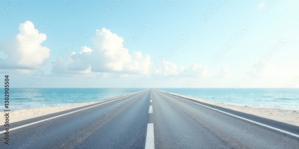 Fototapeta premium Asphalt Road Leading to a Serene Ocean Horizon Under a Bright Sky with Fluffy Clouds