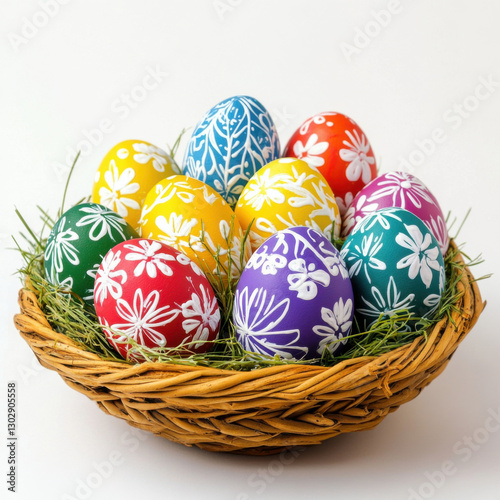 colored easter eggs concept, eggs painted with white wax line art drawing floral ornaments, eggs in natural basket