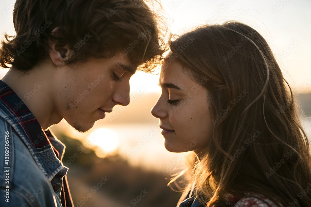 Minimalistic photo of a young couple sharing a quiet moment in golden hour light, extreme close-up capturing their faces, softly blurred background. Minimalistic photo of a young couple sharing a quiet moment in golden hour light, extreme close-up capturing their faces, softly blurred background.
