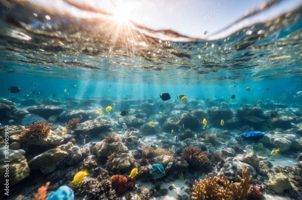 Fototapeta premium Sunbeams illuminate a vibrant coral reef teeming with colorful fish and diverse marine life underwater.