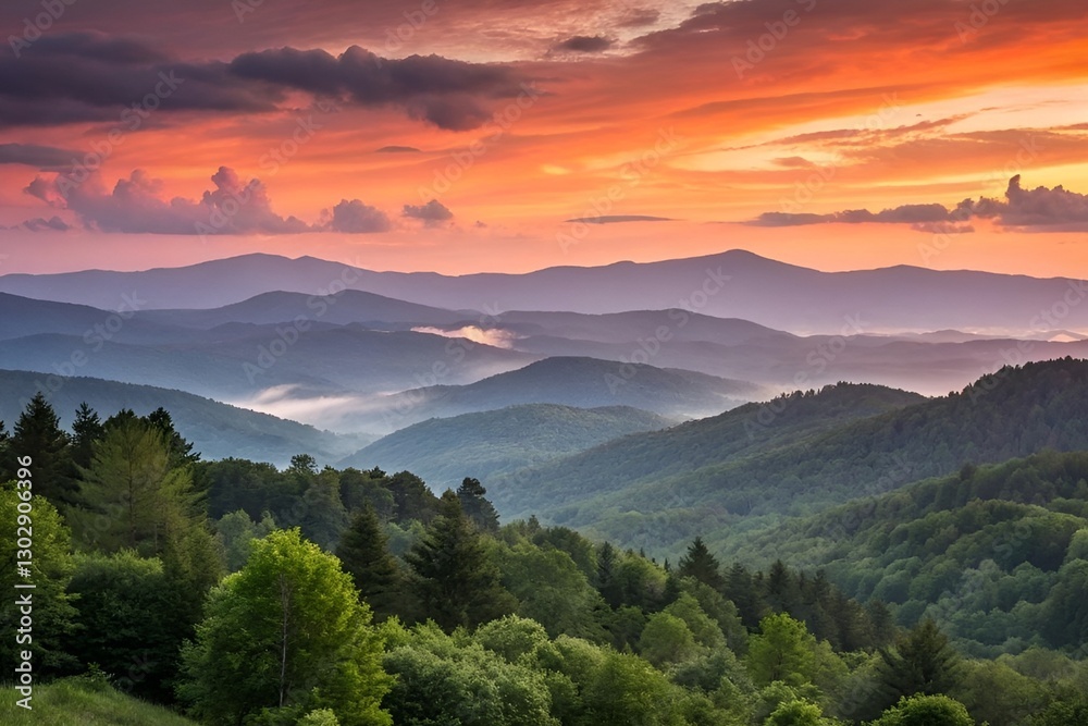 Obraz premium Breathtaking Sunset Over Misty Mountains and Lush Green Forests