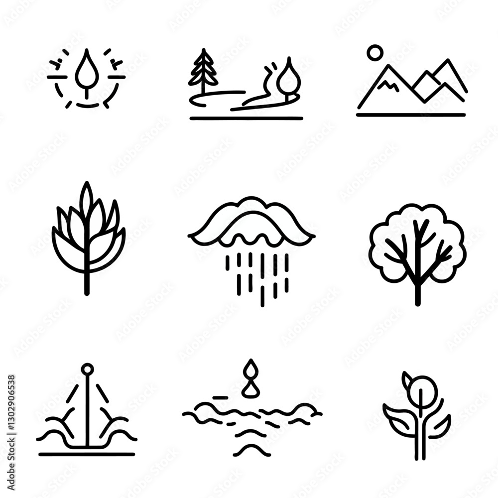 Fototapeta premium Nature Element Icons Set: Water Cycle, Mountain Landscape, Plant Growth