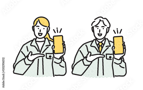シンプル　イラスト　スマホで見積もりを提示する作業着の男女