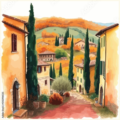 Italian landscape set, vector hand drawn doodle Tuscany nature view, old winery countryside print. Vintage European architecture graphic, cypress hill travel label. Italian landscape sketch collection