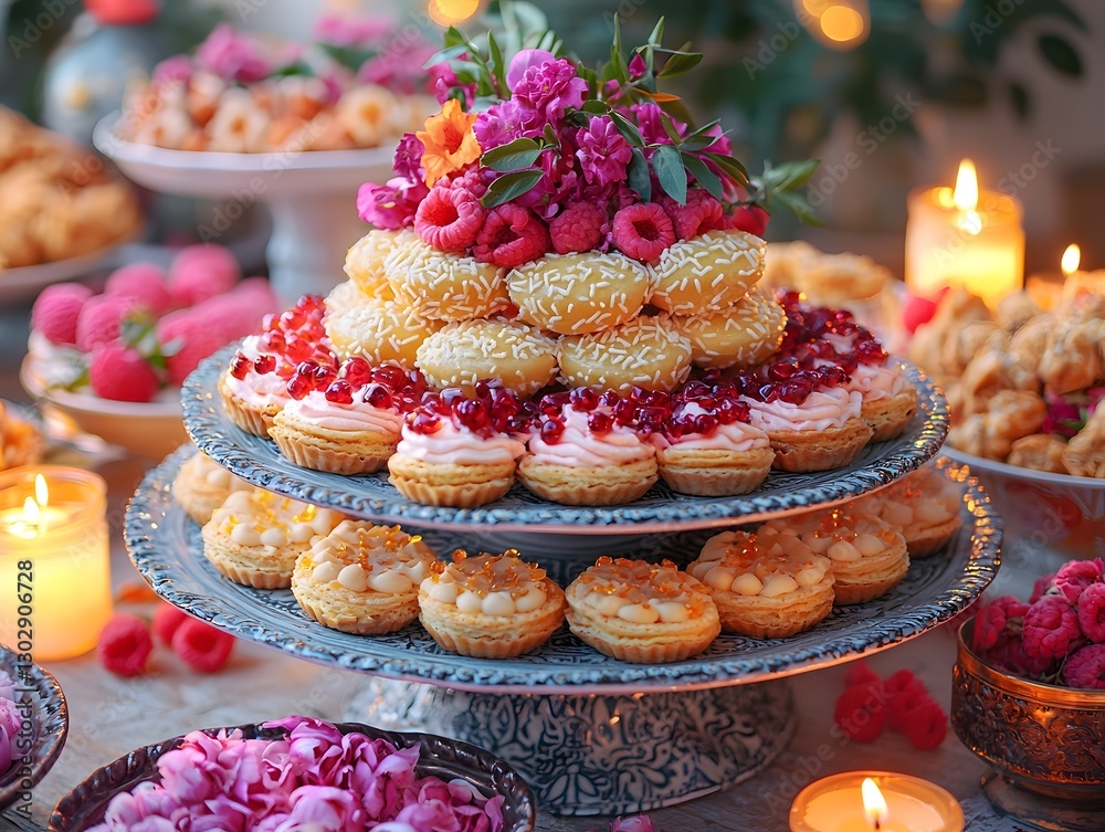 Glowing Eid Dessert Table with Vibrant Sweets and Soft Candlelight in Festive Room