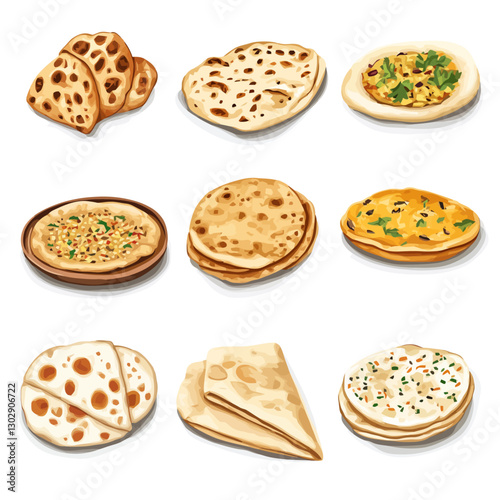 Assortment of Delicious Naan Flatbreads, Indian and Middle Eastern Cuisine