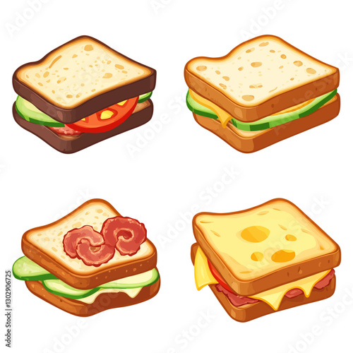 Four sandwiches with cheese, tomatoes, cucumbers, and bacon, vector art