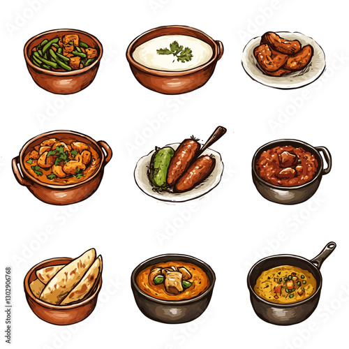 Assortment of Colorful International Dishes in Bowls - Food Illustration