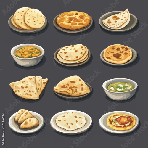 Assortment of Indian flatbreads like roti, paratha, and naan on plates.