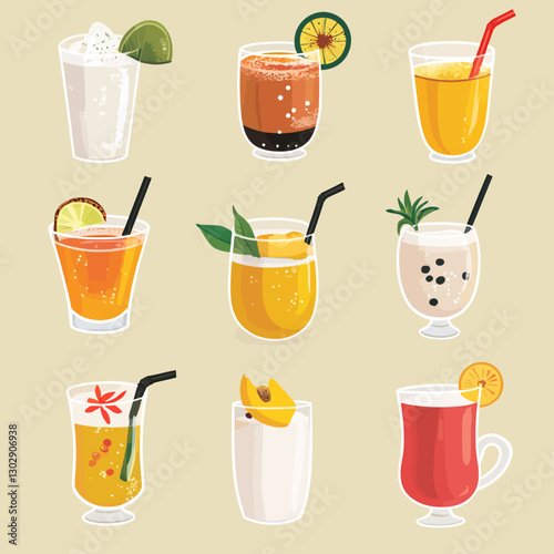 Assorted fruity cocktails and beverages in glasses with decorative garnish