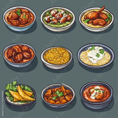 Assortment of diverse curries and rice dishes in bowls, food illustration